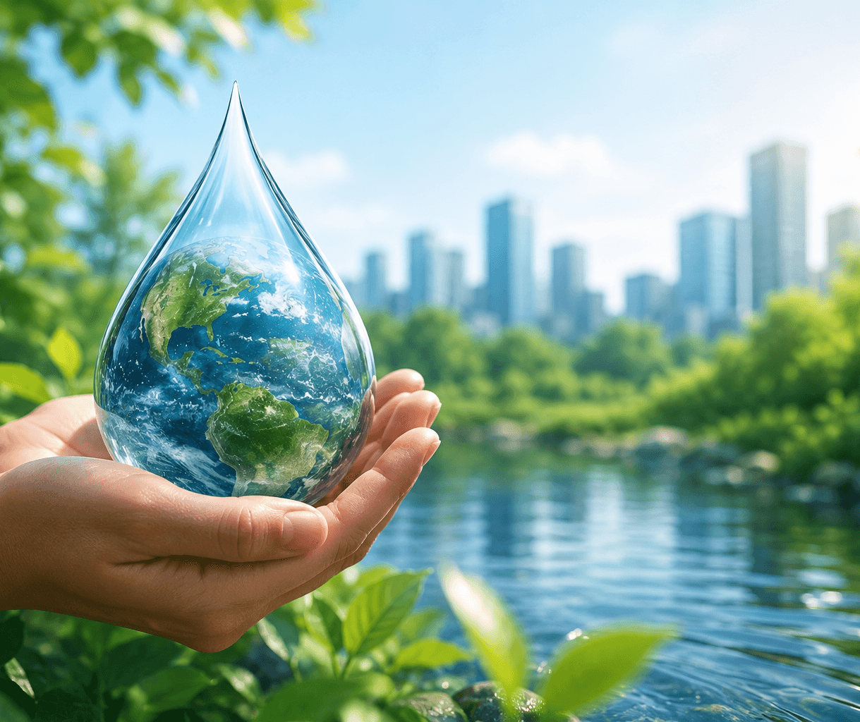 A single drop of water holding the earth, symbolizing global water conservation